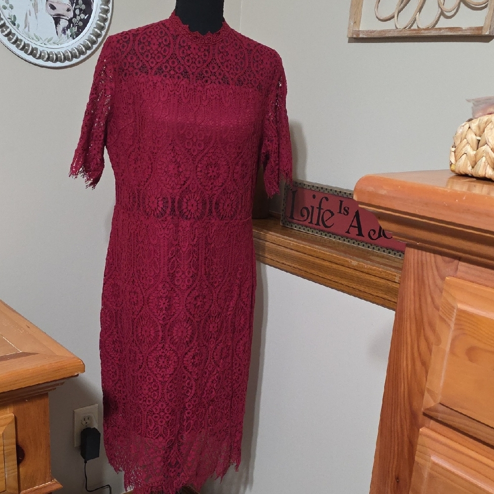 High Neck Burgundy Lace Midi Dress